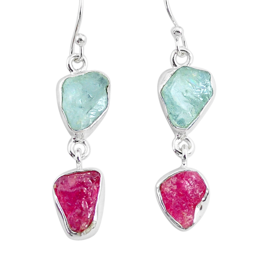 12.12cts natural ruby raw aquamarine rough 925 silver dangle earrings r93669