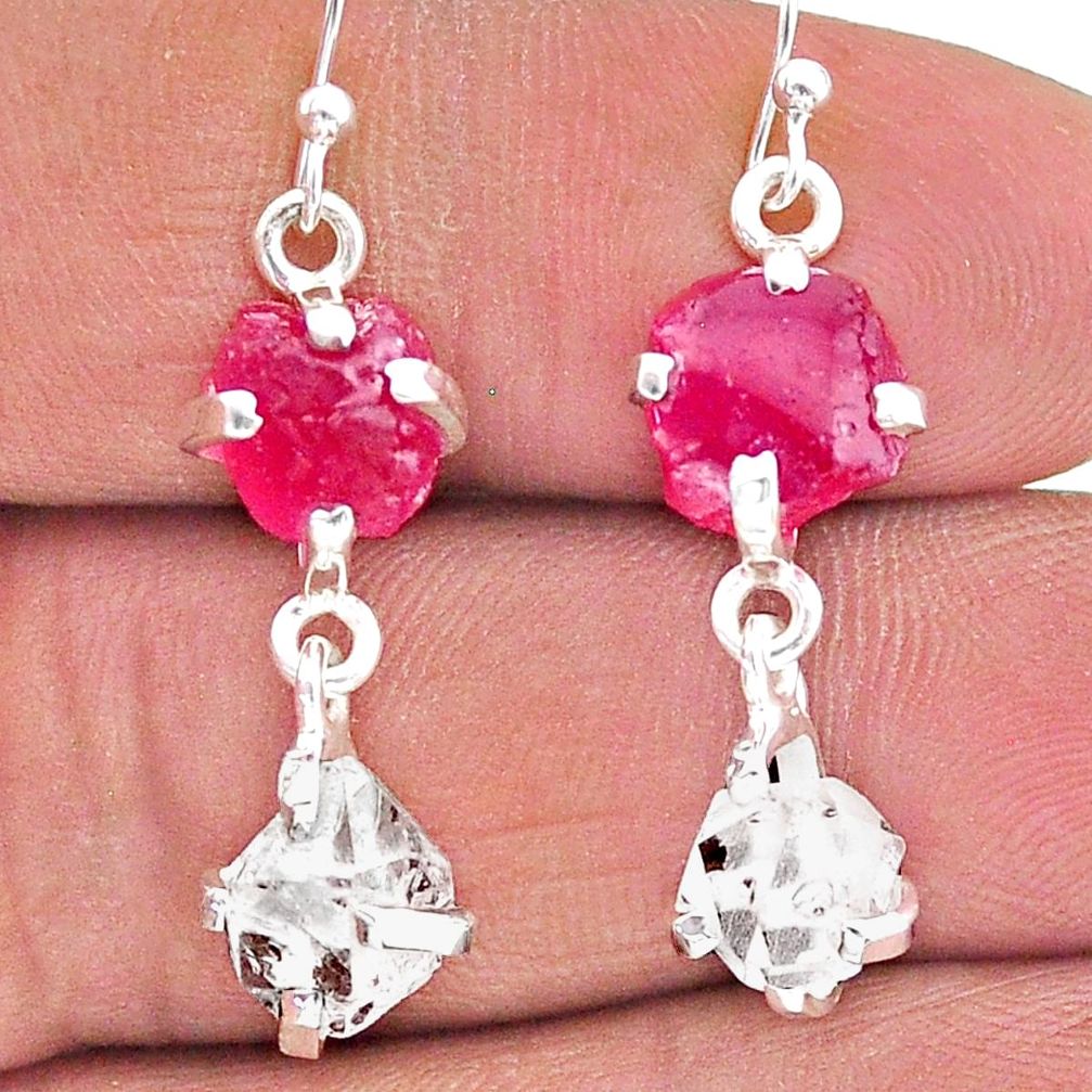 12.66cts natural ruby raw herkimer diamond 925 silver dangle earrings t15243