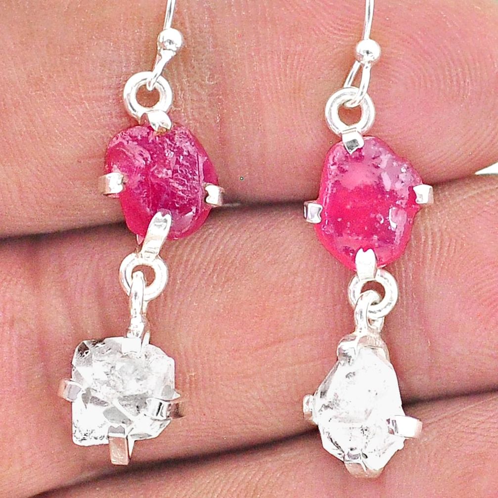 12.07cts natural ruby raw herkimer diamond 925 silver dangle earrings t15245