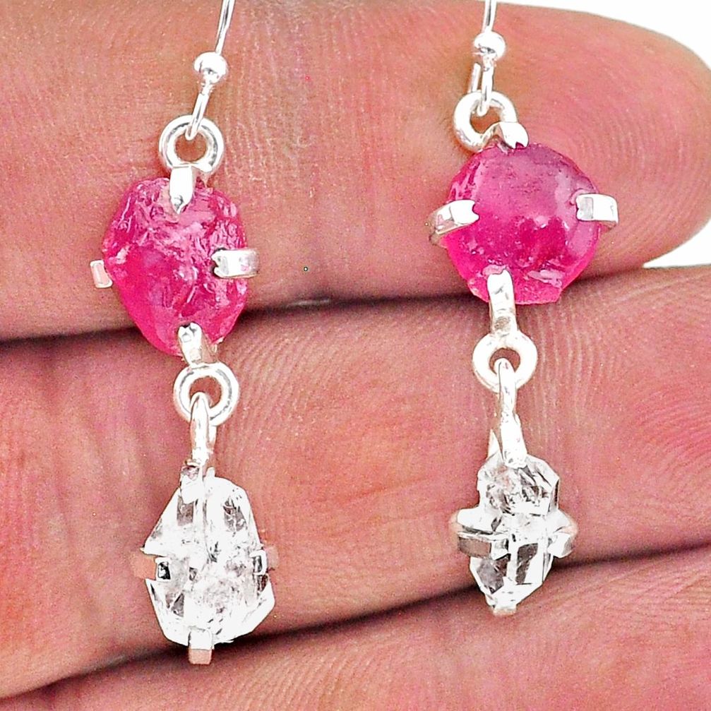 12.12cts natural ruby raw herkimer diamond 925 silver dangle earrings t15247