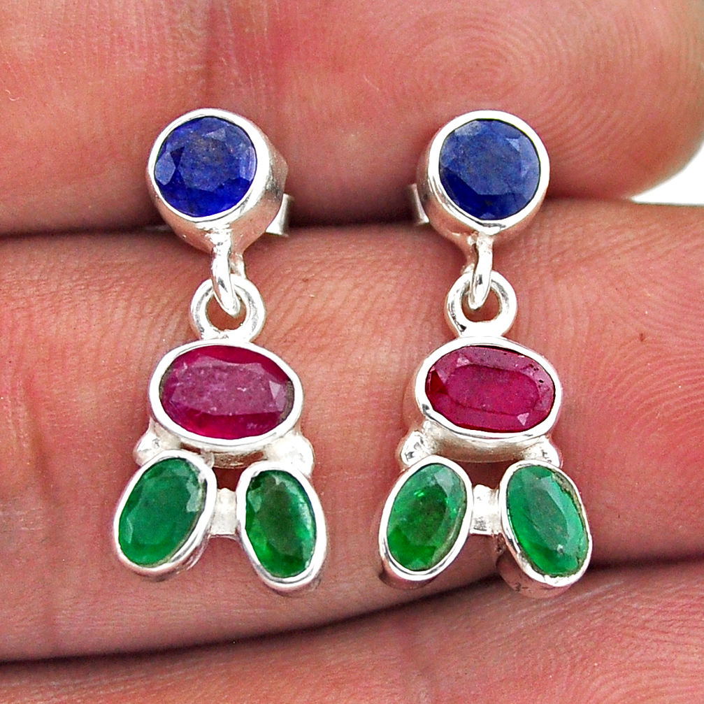 5.24cts natural ruby sapphire emerald 925 silver dangle earrings jewelry n49502