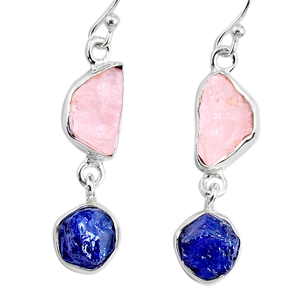 10.32cts natural sapphire rose quartz raw silver dangle handmade earrings r74276