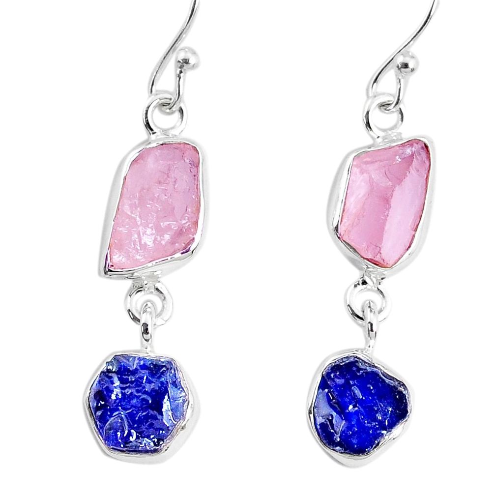 9.35cts natural sapphire rose quartz raw silver dangle handmade earrings r74277