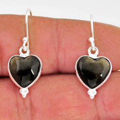 6.41cts natural sheen black obsidian heart 925 silver dangle earrings y75504