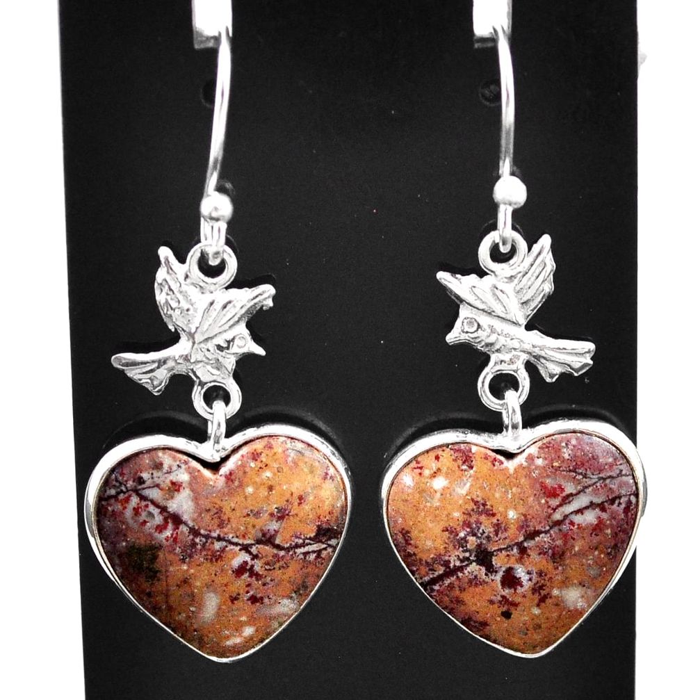 12.10cts natural sonoran dendritic rhyolite heart silver birds earrings t60780