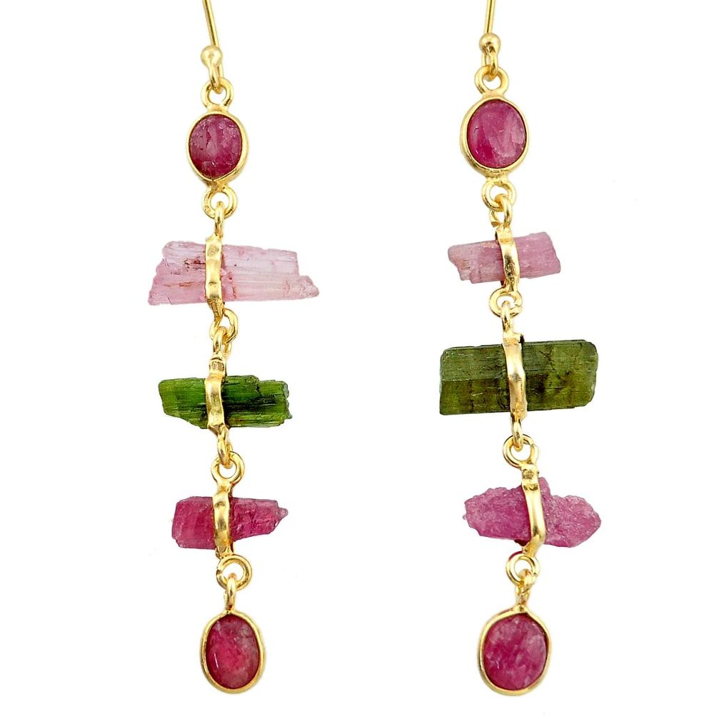 14.73cts natural tourmaline rough 925 silver 14k gold dangle earrings d47525