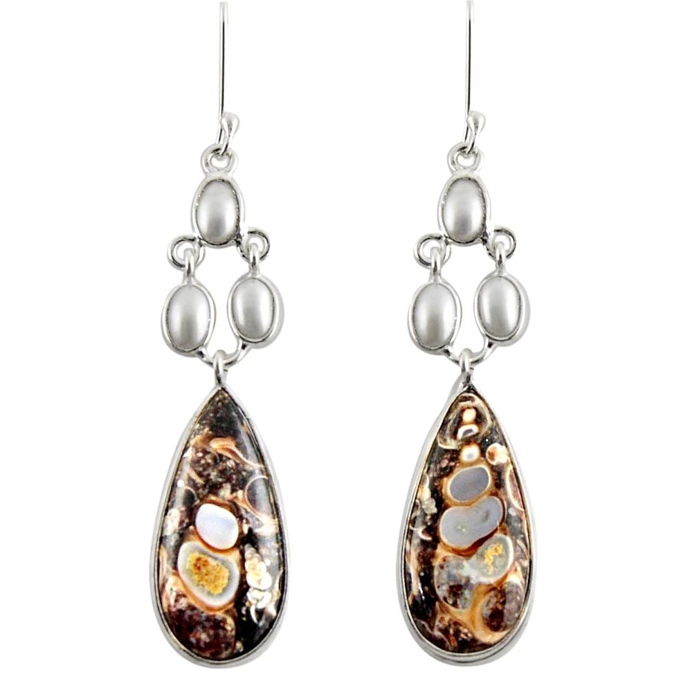 19.09cts natural turritella fossil snail agate 925 silver dangle earrings d39677
