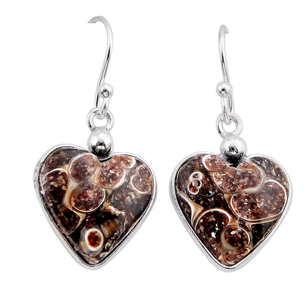 11.39cts natural turritella fossil snail agate 925 silver dangle earrings y62725