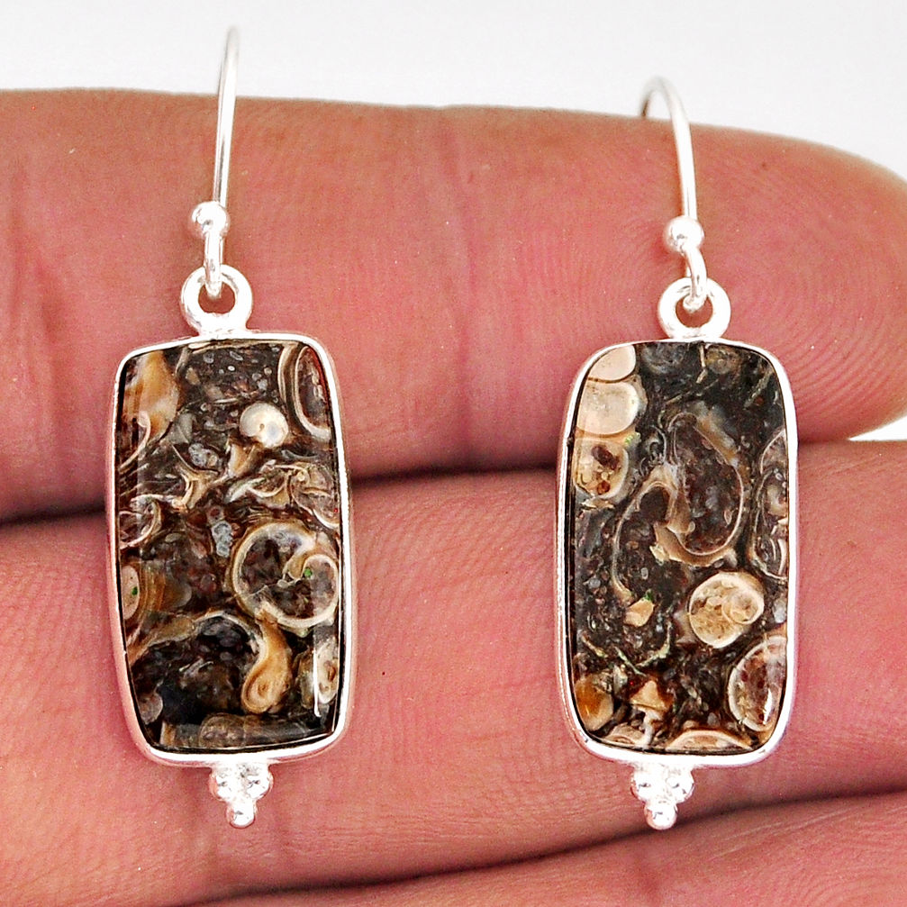 13.10cts natural turritella fossil snail agate 925 silver dangle earrings y75508