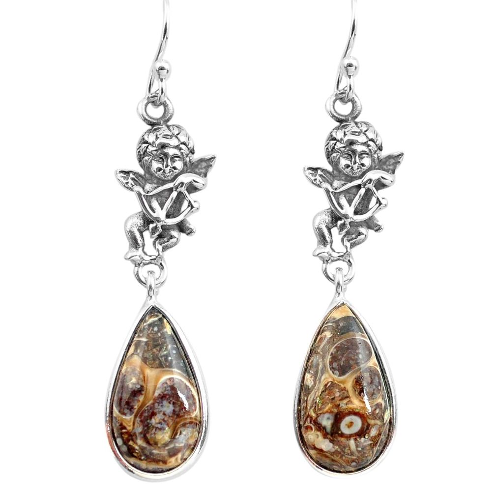 Natural turritella fossil snail agate silver cupid angel wings earrings p72575