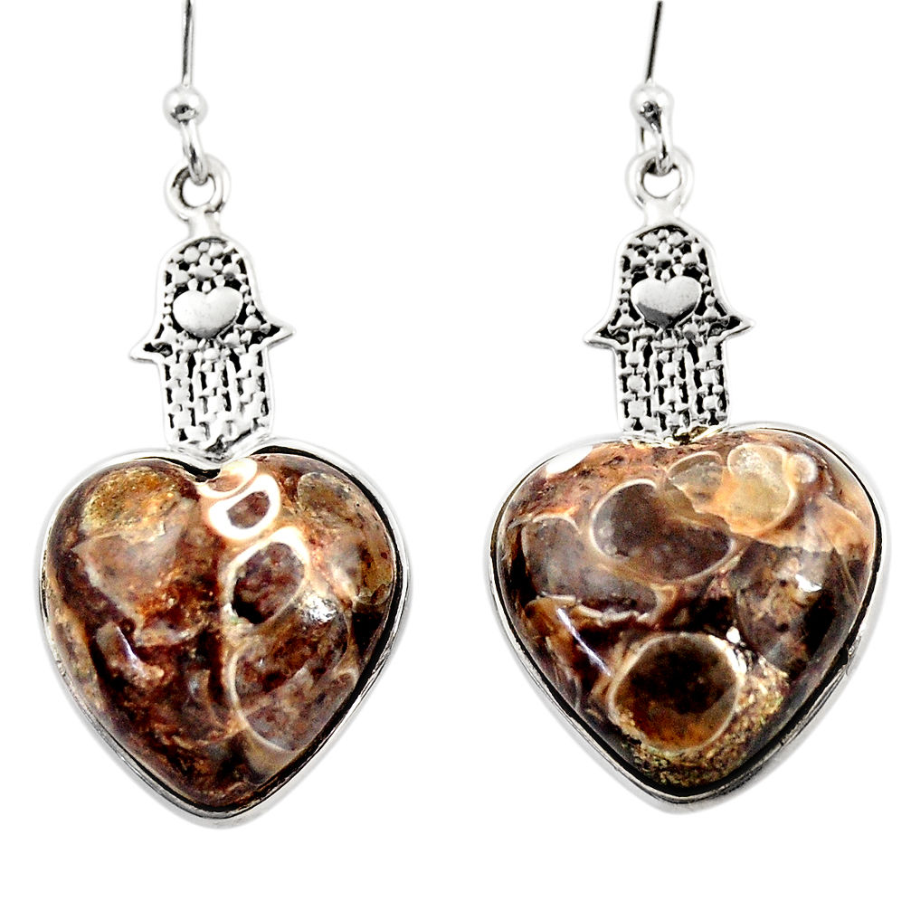 Natural turritella fossil snail agate silver hand of god heart earrings r46837
