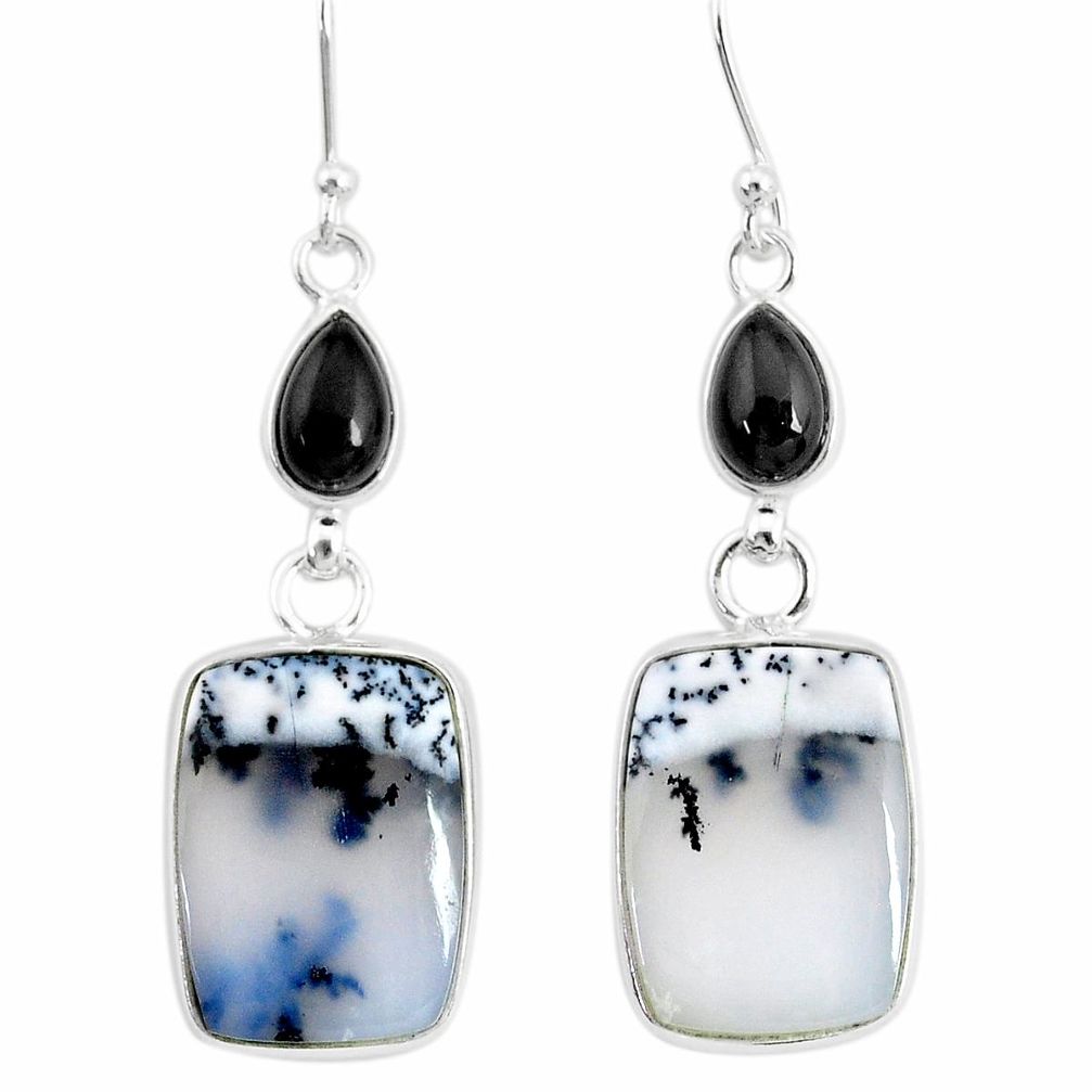 17.87cts natural white dendrite opal (merlinite) onyx 925 silver earrings r86685