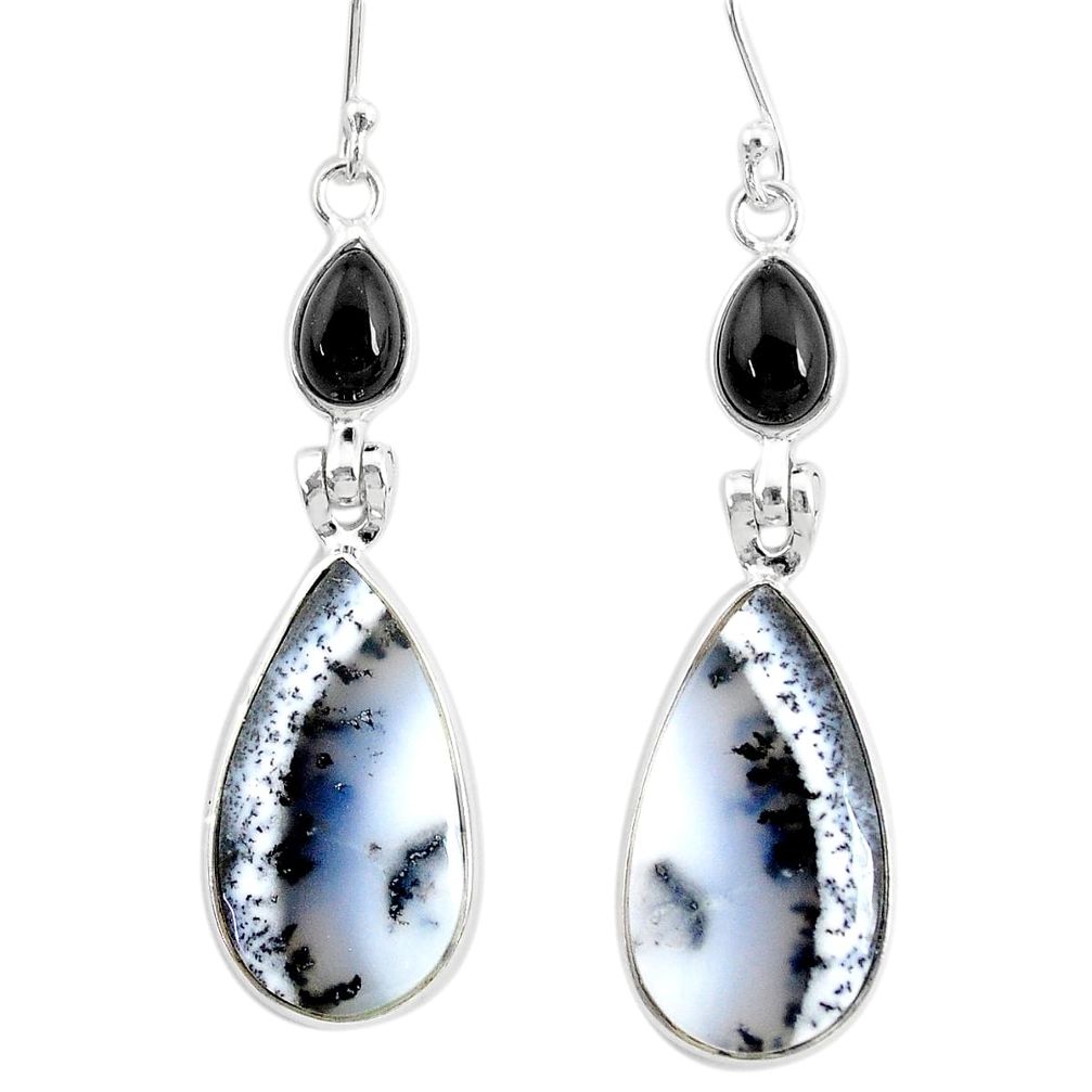 17.35cts natural white dendrite opal (merlinite) onyx 925 silver earrings r86686