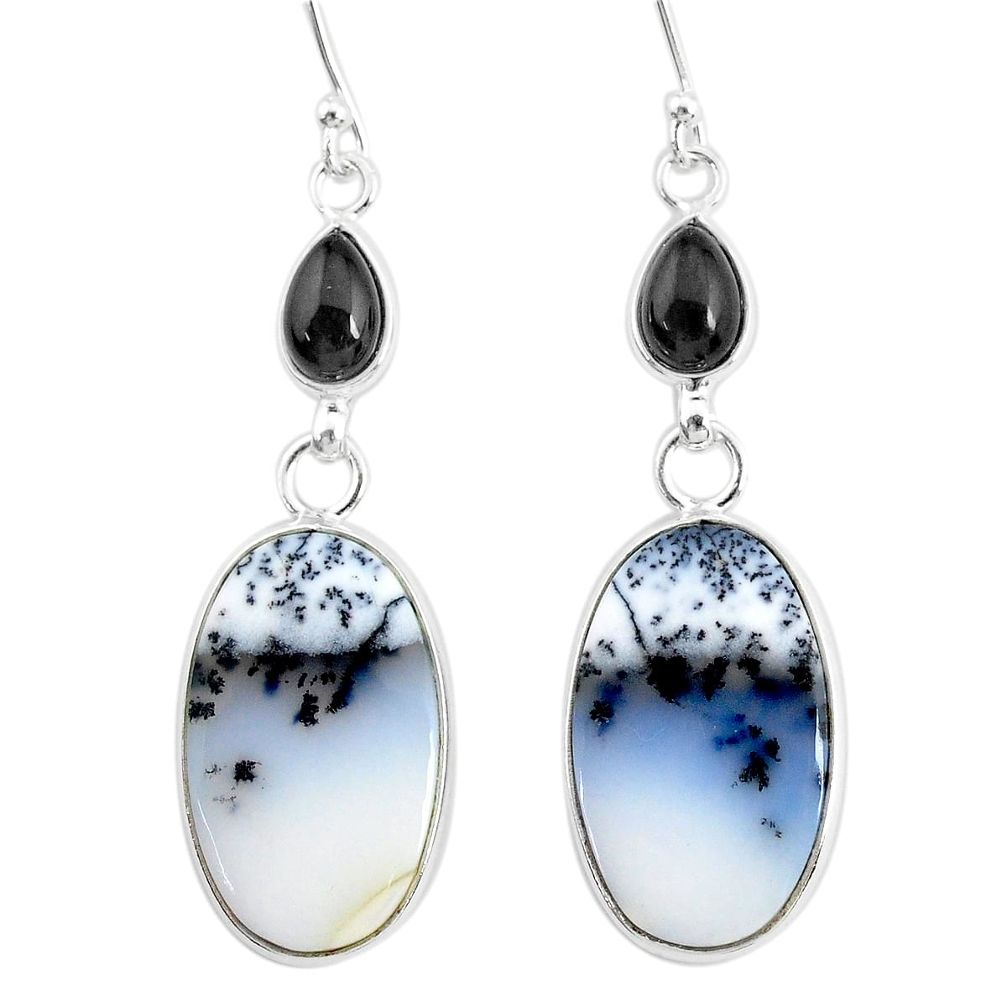17.96cts natural white dendrite opal (merlinite) onyx 925 silver earrings r86690