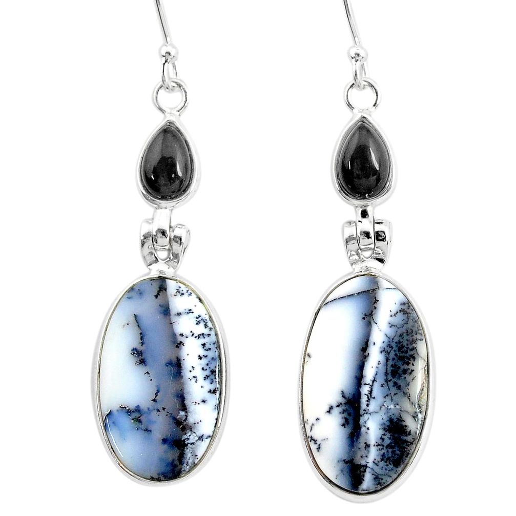 16.68cts natural white dendrite opal (merlinite) onyx 925 silver earrings r86693