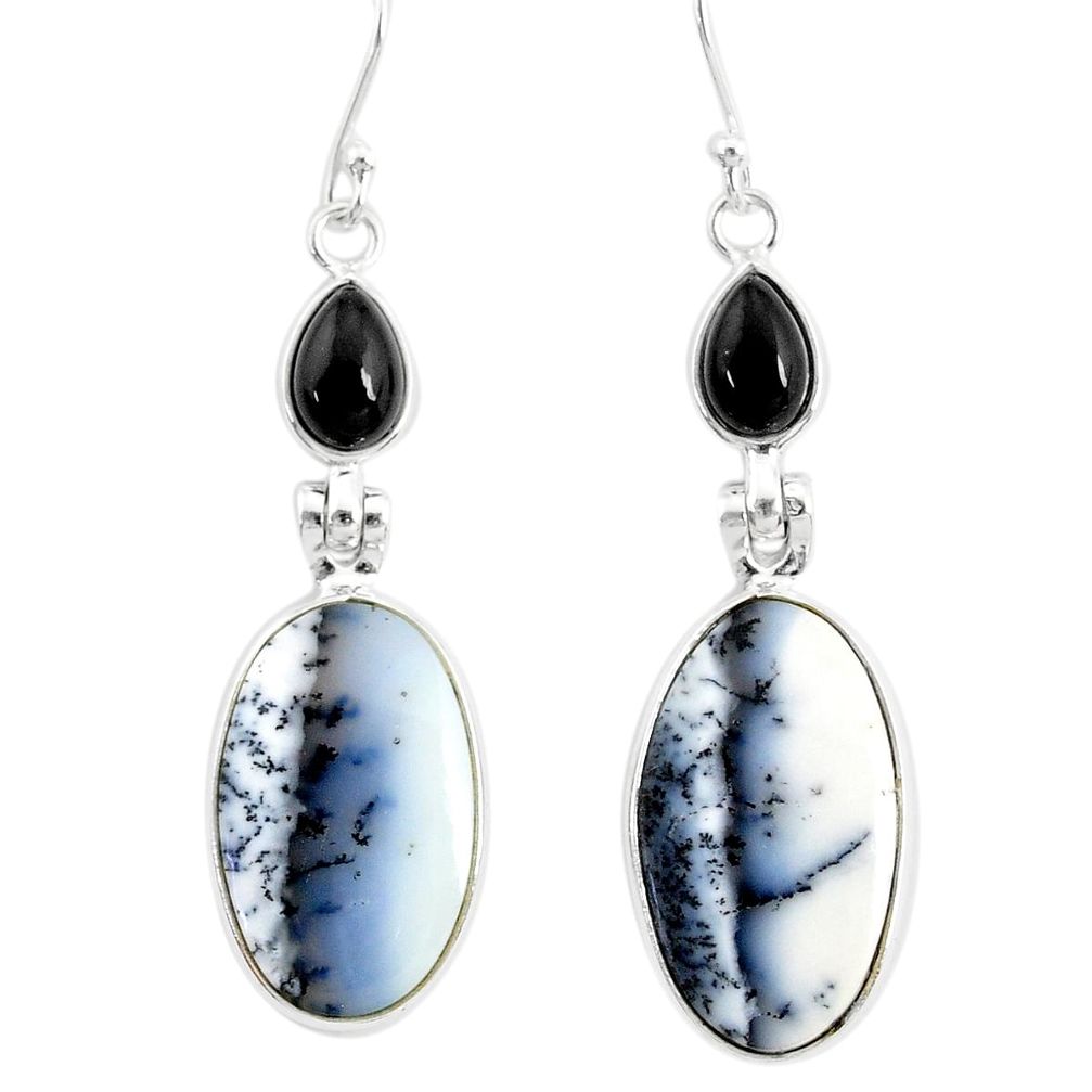 17.14cts natural white dendrite opal (merlinite) onyx 925 silver earrings r86699
