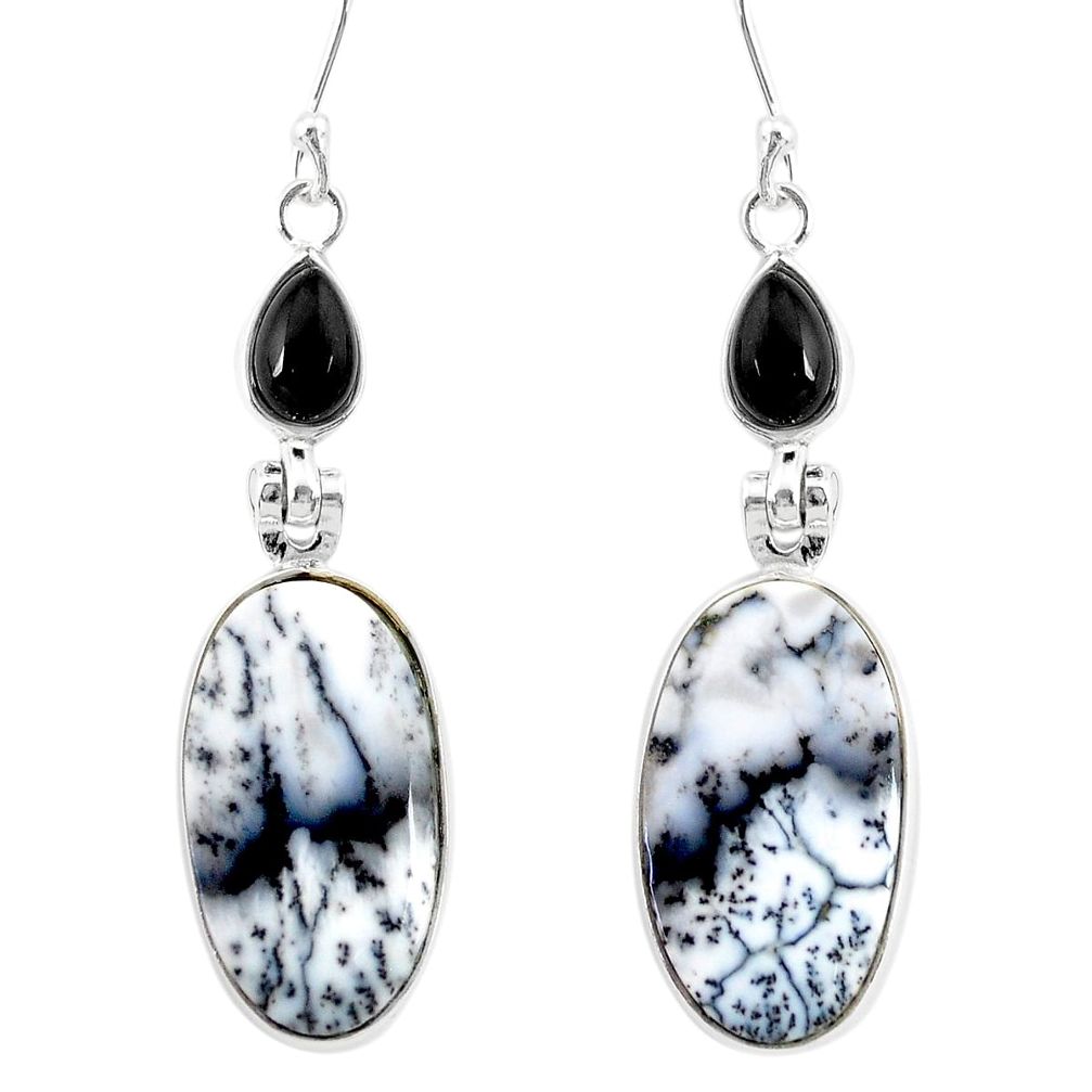 19.09cts natural white dendrite opal (merlinite) silver dangle earrings r86708