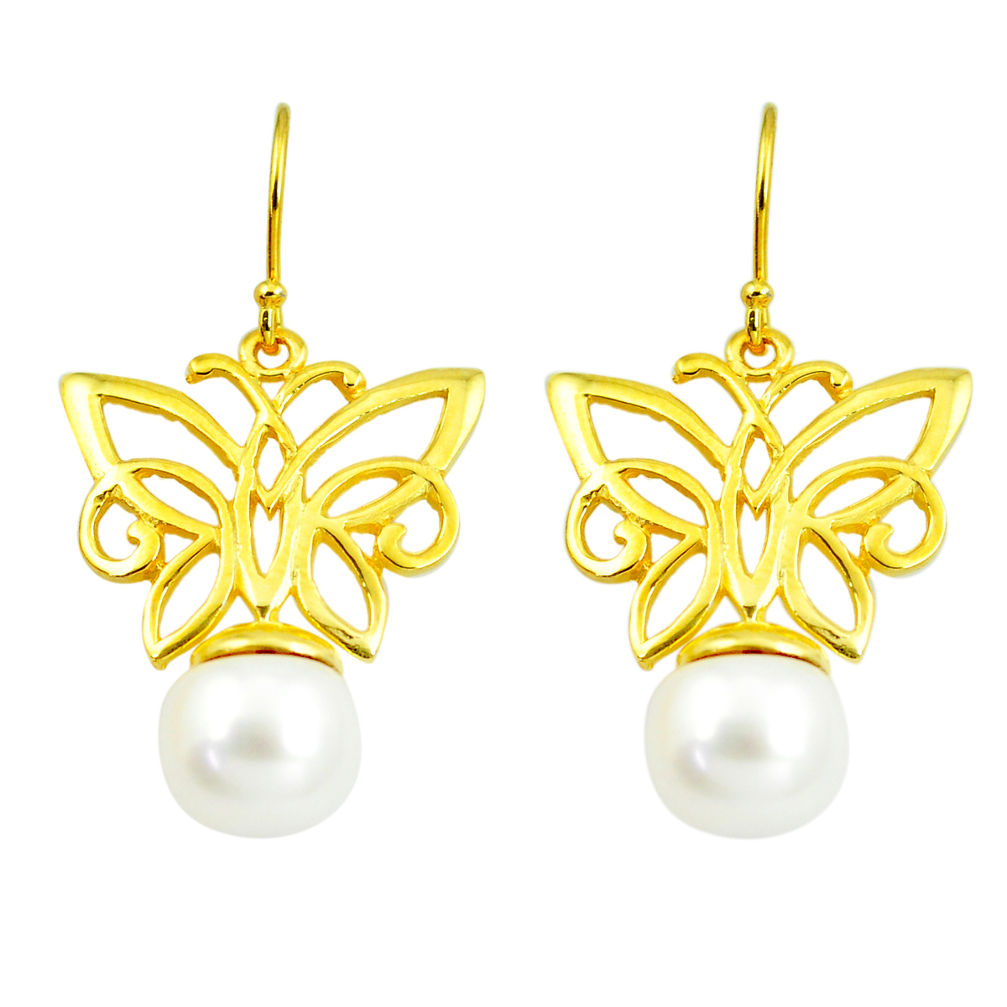 11.02cts natural white pearl 925 silver 14k gold butterfly earrings c24041