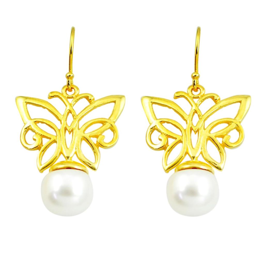 10.99cts natural white pearl 925 silver 14k gold butterfly earrings c24088