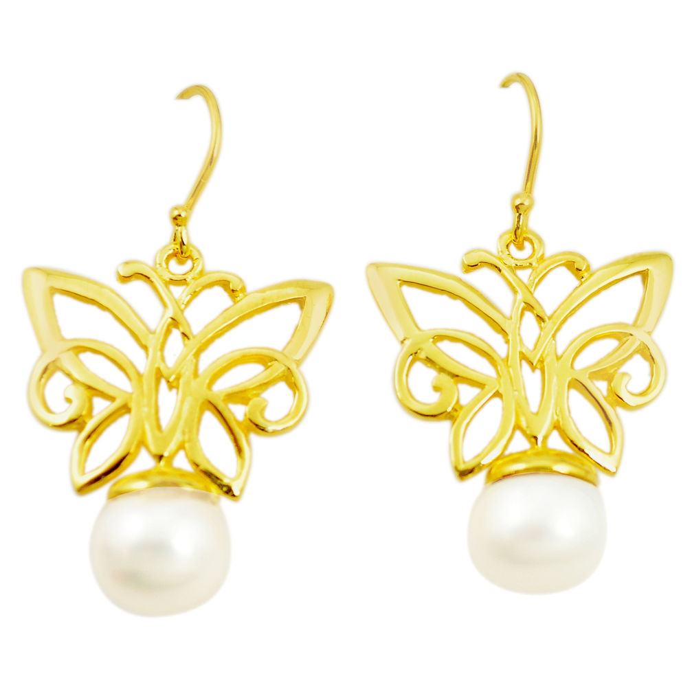 Natural white pearl 925 silver 14k gold dangle butterfly earrings c23985