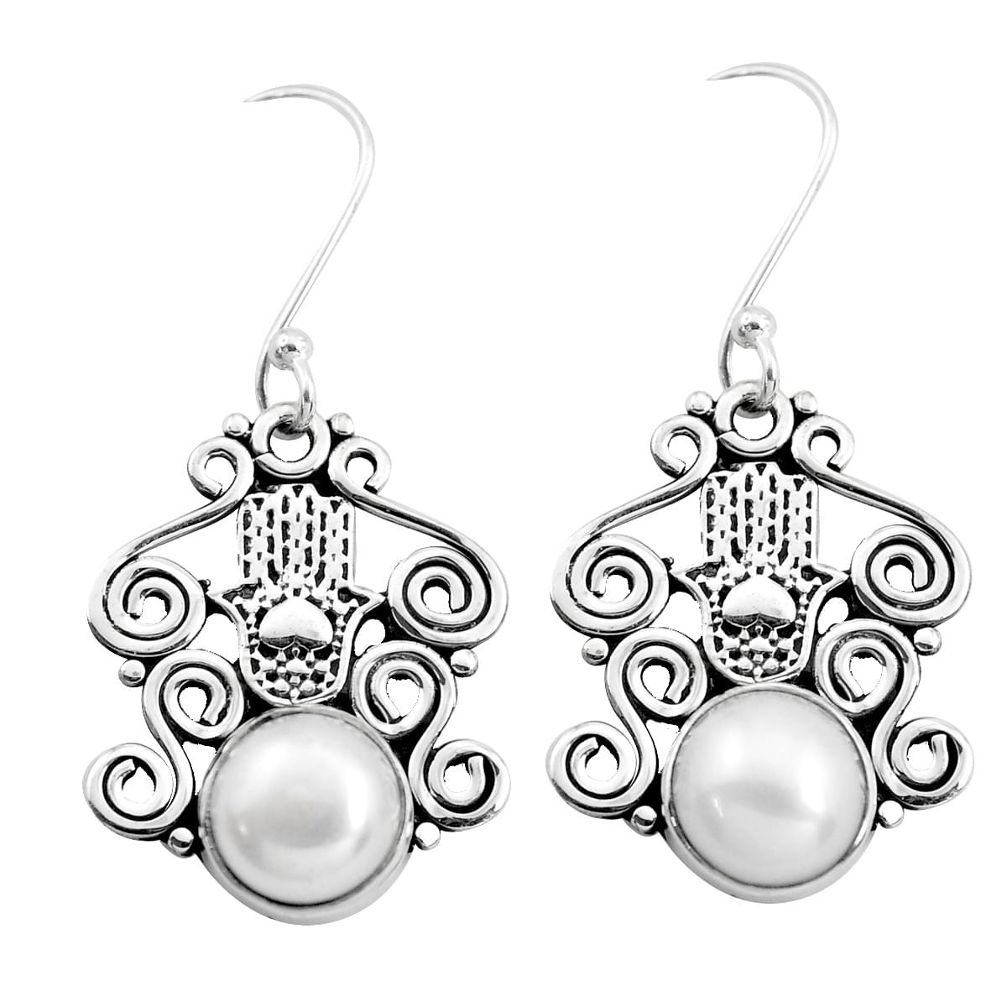 7.12cts natural white pearl 925 silver hand of god hamsa earrings jewelry p41443