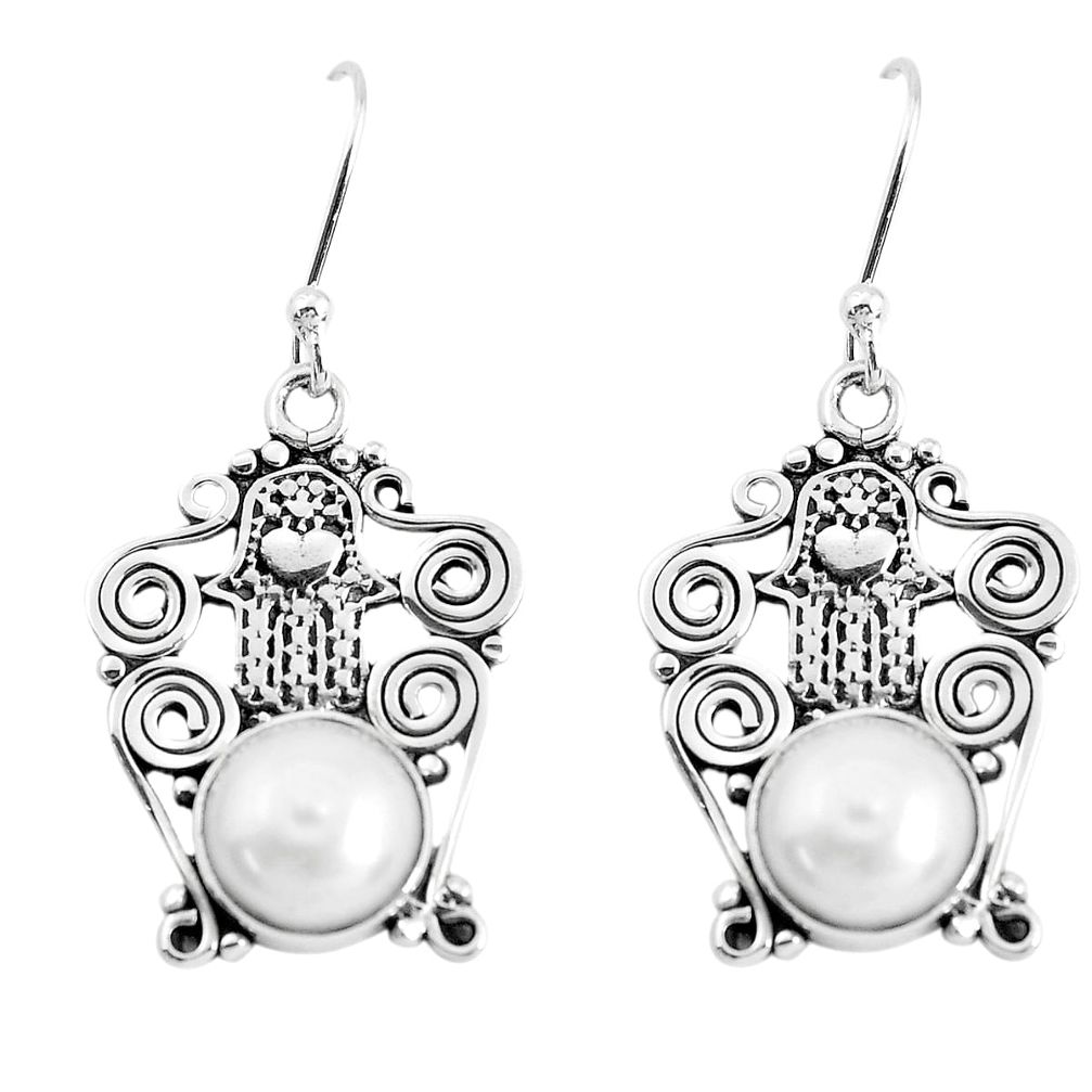 6.58cts natural white pearl 925 silver hand of god hamsa earrings p51973