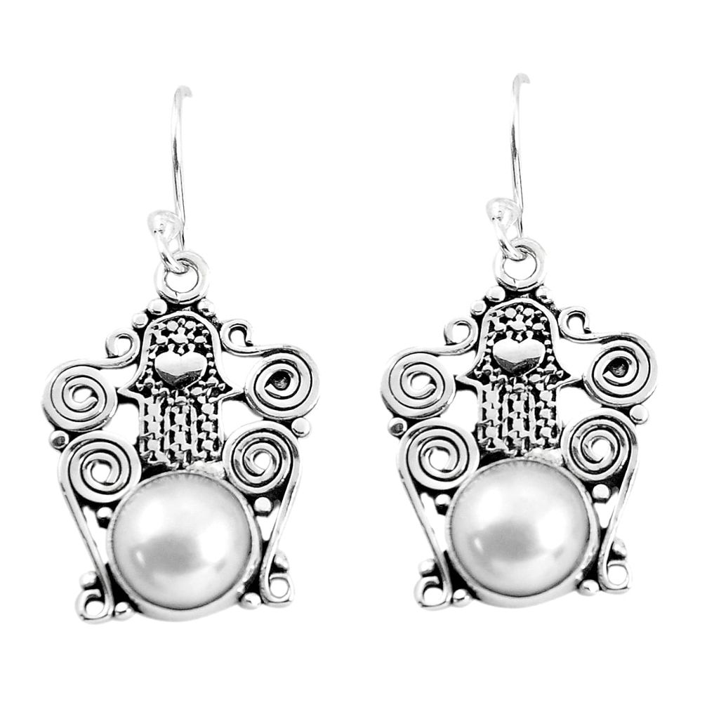 7.67cts natural white pearl 925 silver hand of god hamsa earrings p58349