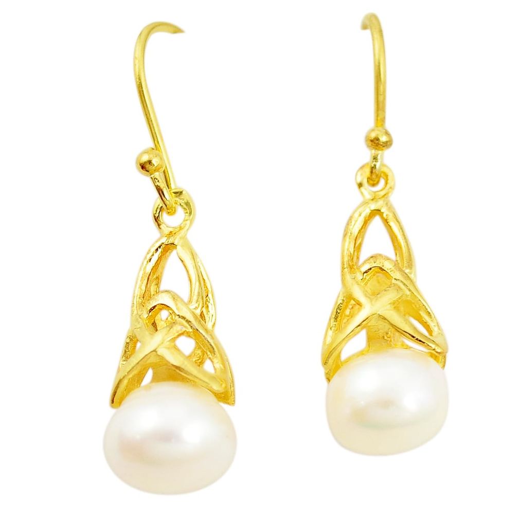Natural white pearl 925 sterling silver 14k gold dangle earrings c23988