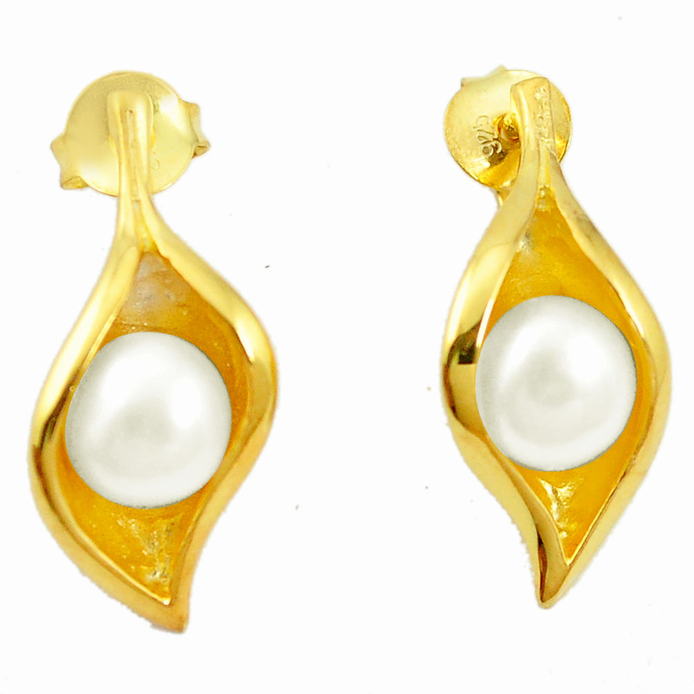 Natural white pearl 925 sterling silver 14k gold stud earrings c24046