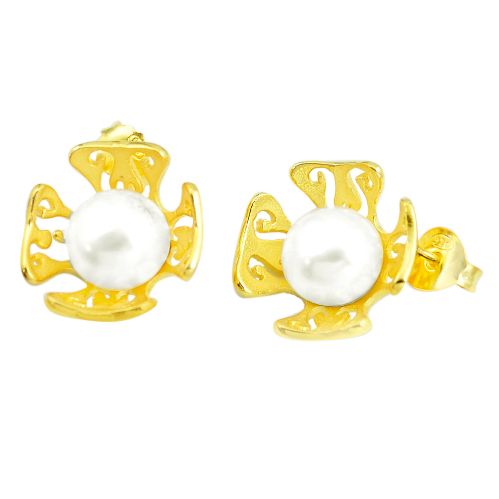 9.42cts natural white pearl 925 sterling silver 14k gold stud earrings c24058