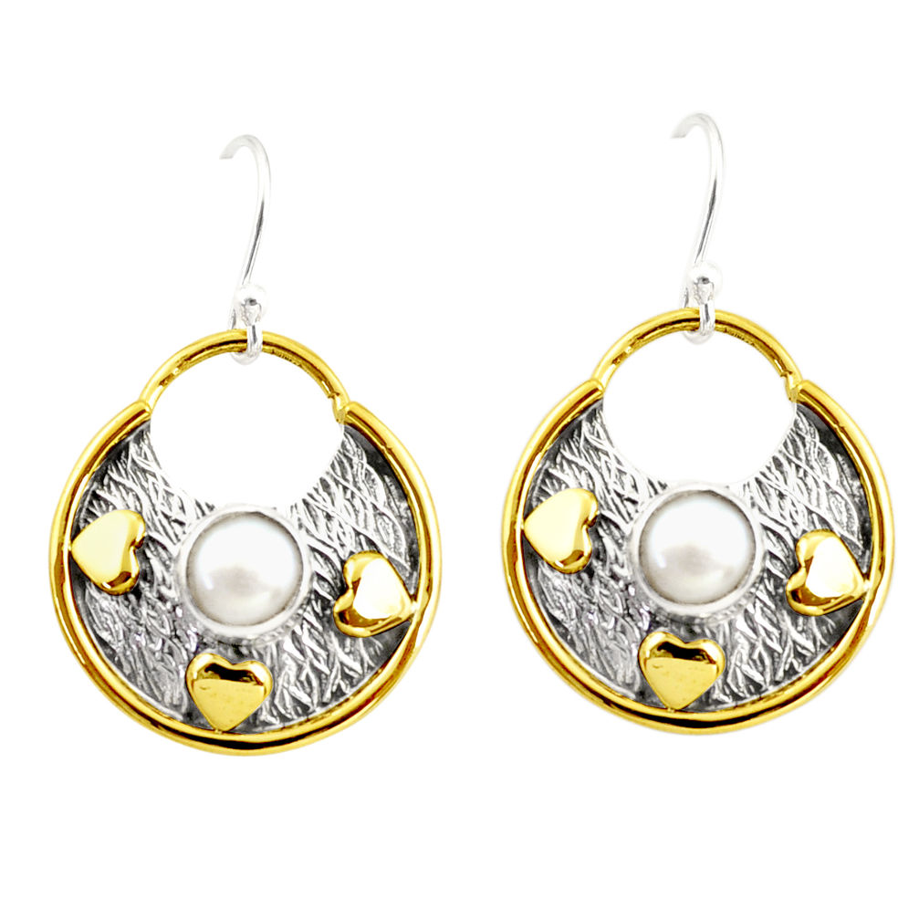 2.41cts natural white pearl 925 sterling silver 14k gold dangle earrings r37214