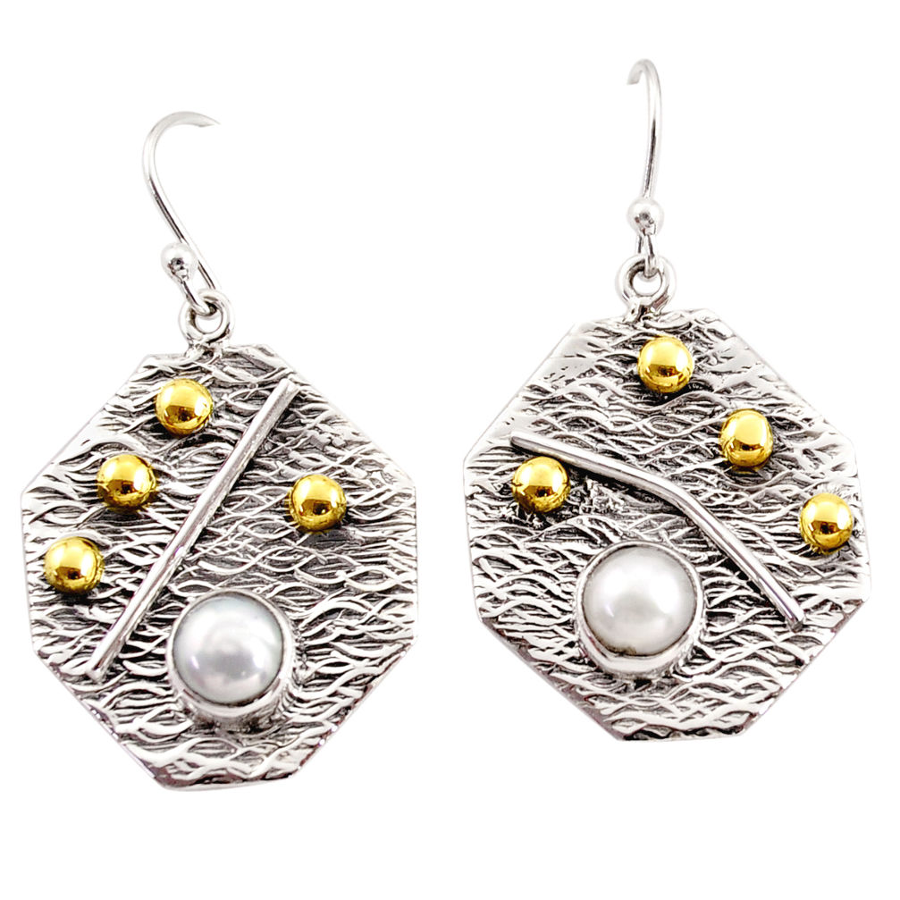 2.46cts natural white pearl 925 sterling silver 14k gold dangle earrings r37234