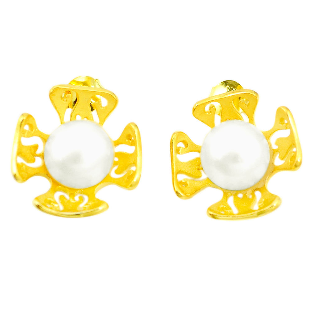 Natural white pearl 925 sterling silver 14k gold earrings jewelry c23987