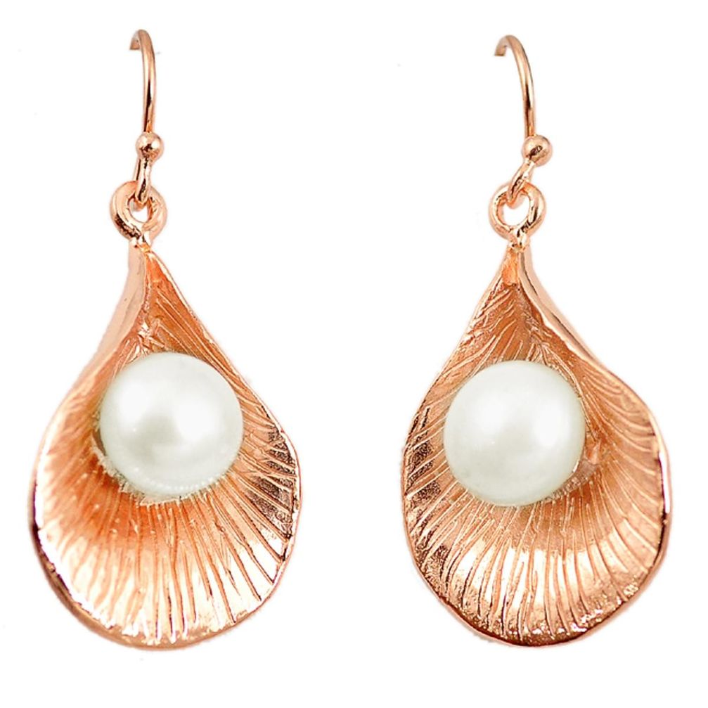 Natural white pearl 925 sterling silver 14k rose gold dangle earrings c23922