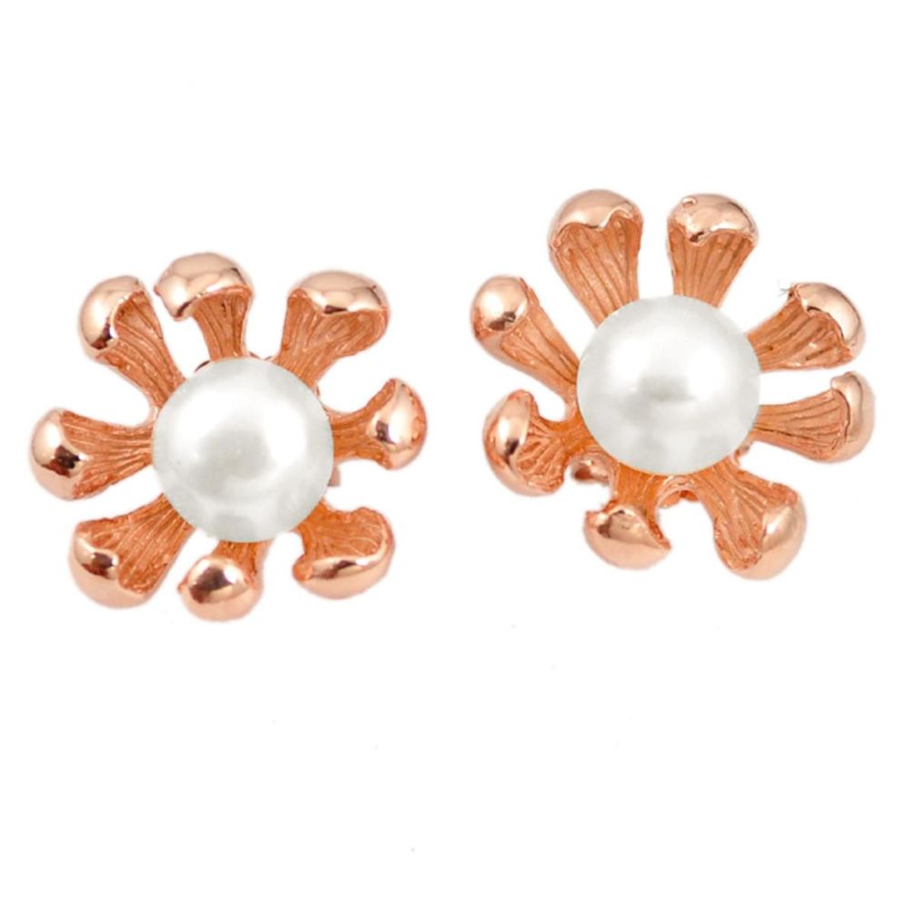 Natural white pearl 925 sterling silver 14k rose gold stud earrings c23925