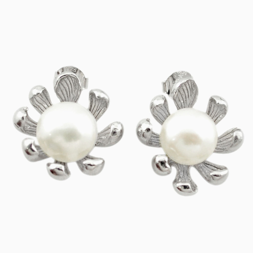 Natural white pearl 925 sterling silver stud earrings jewelry c23736