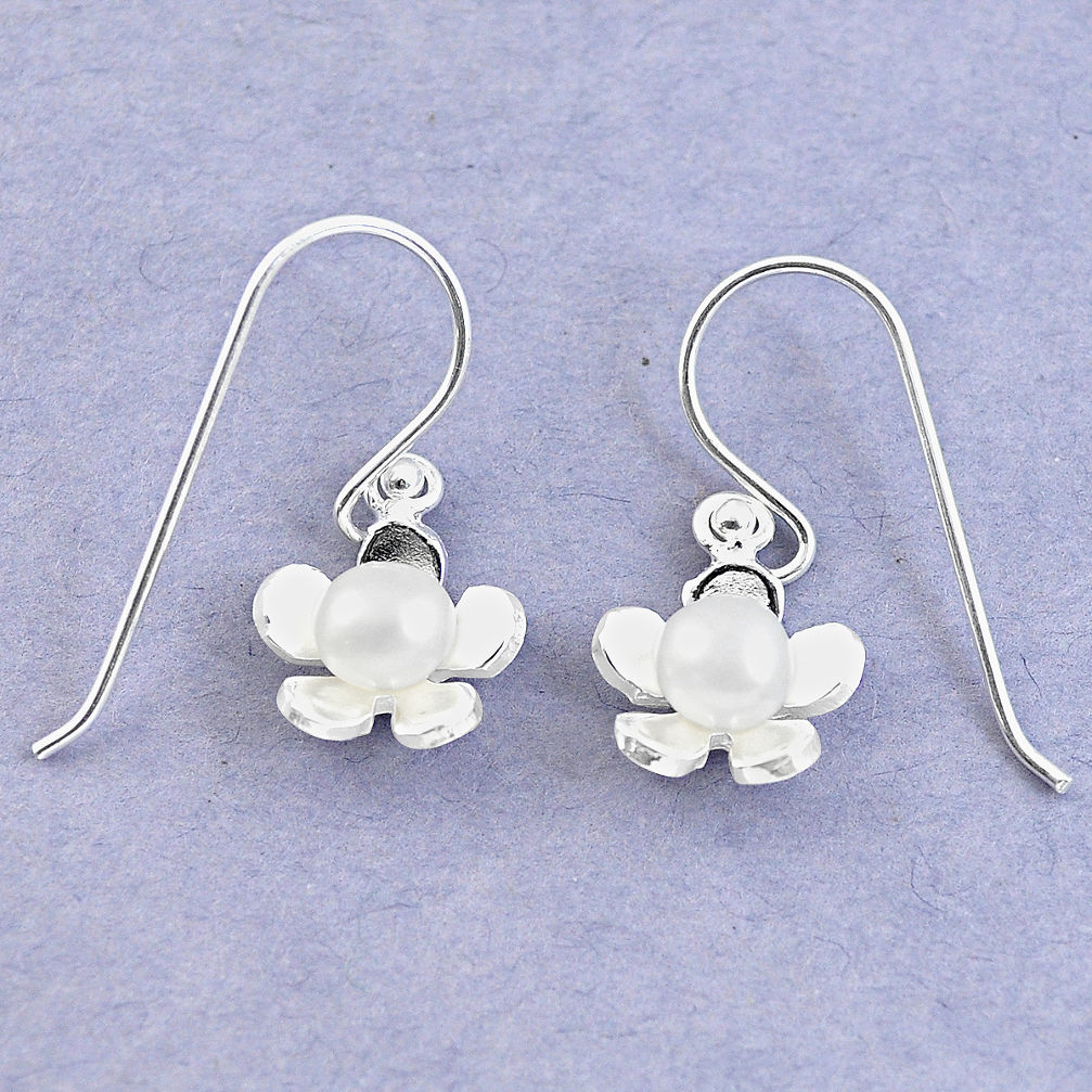 Natural white pearl 925 sterling silver dangle flower earrings jewelry c25468