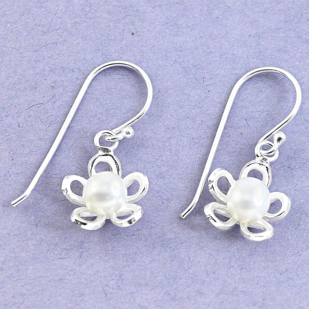 Natural white pearl 925 sterling silver dangle flower earrings jewelry c25666