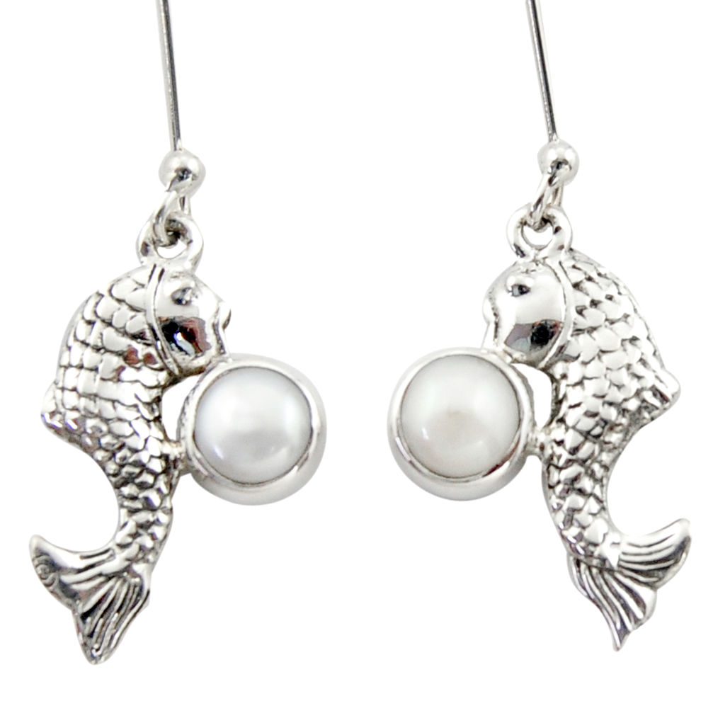 2.35cts natural white pearl 925 sterling silver fish earrings jewelry d46796