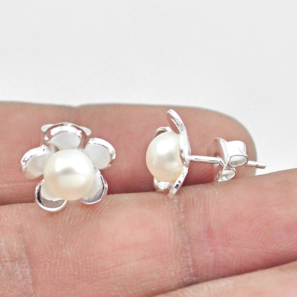 3.03cts natural white pearl 925 sterling silver flower earrings jewelry c25704