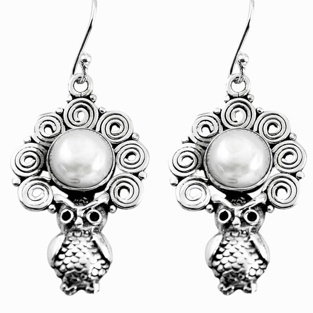 8.27cts natural white pearl 925 sterling silver owl earrings jewelry p58322