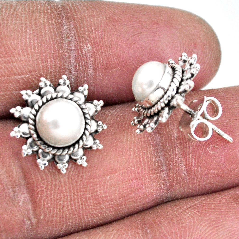 3.50cts natural white pearl 925 sterling silver stud earrings jewelry r55149