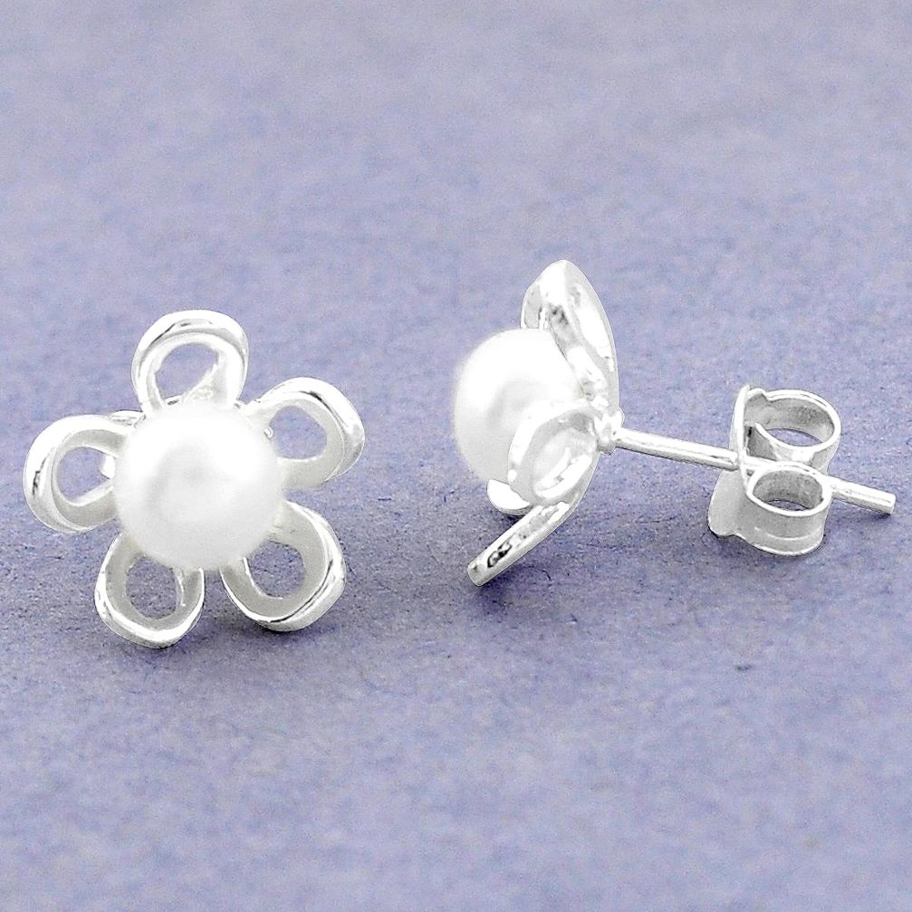 Natural white pearl 925 sterling silver stud flower earrings jewelry c25672