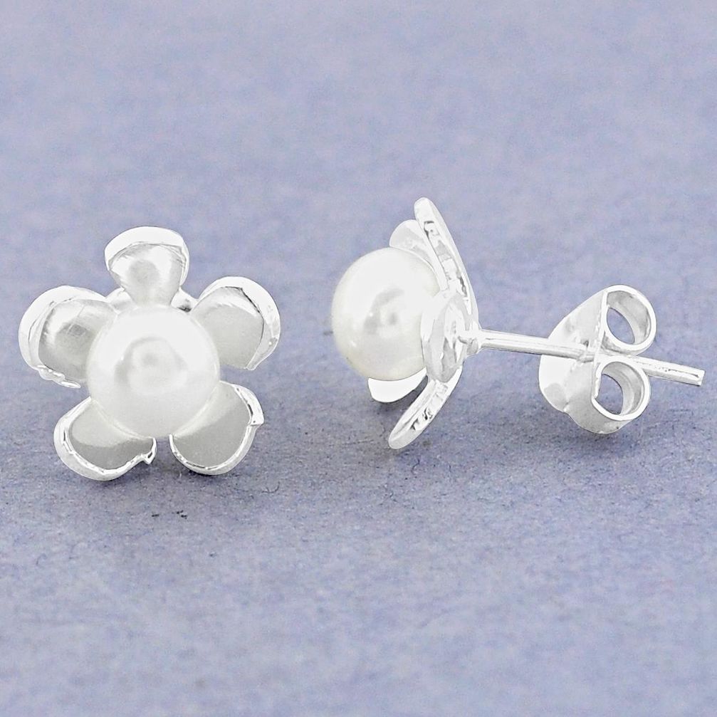 Natural white pearl 925 sterling silver stud flower earrings jewelry c25718