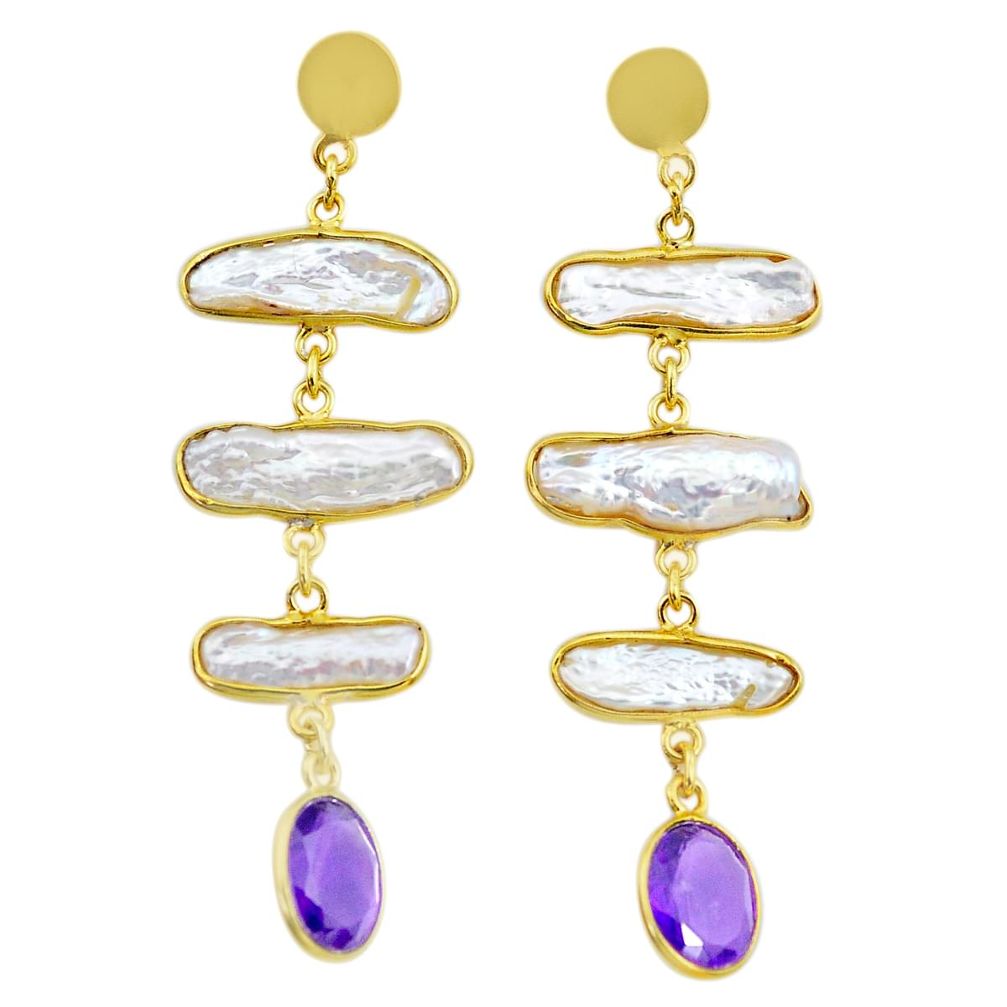 17.66cts natural white pearl amethyst handmade14k gold dangle earrings t16345