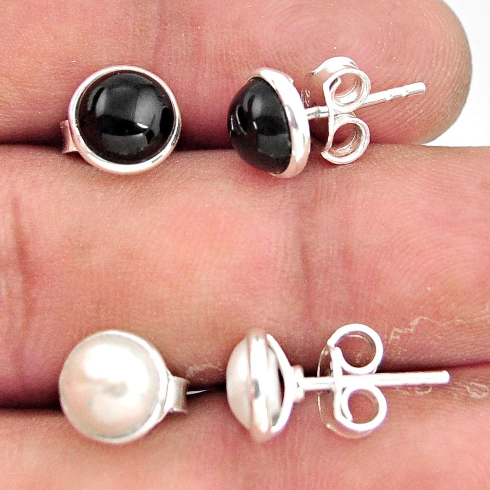 4.83cts natural white pearl black onyx 925 sterling silver stud earrings r41245