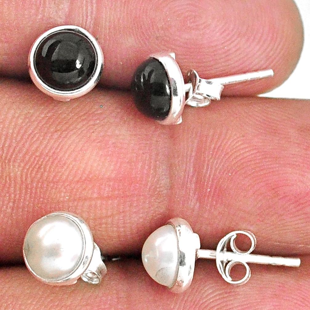 4.81cts natural white pearl black onyx 925 sterling silver stud earrings r65511