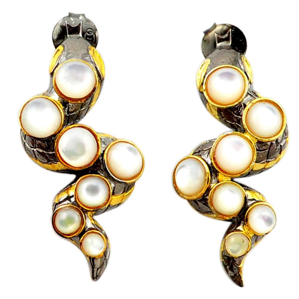Natural white pearl black rhodium 925 silver 14k gold dangle earrings c24177