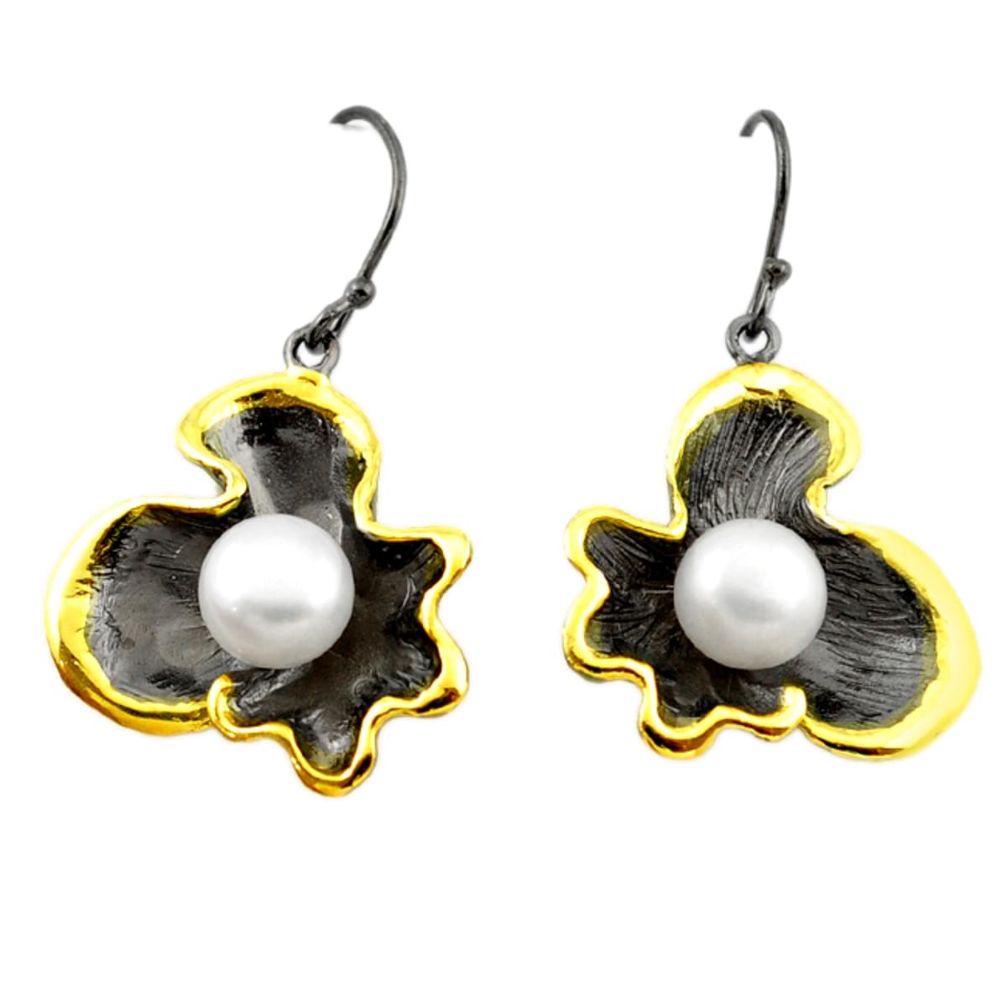 Natural white pearl black rhodium 925 sterling silver 14k gold earrings c24201