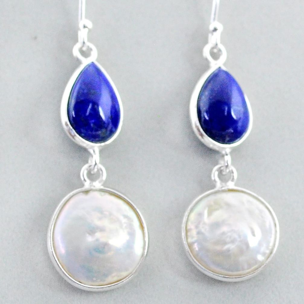 14.59cts natural white pearl blue lapis lazuli 925 silver dangle earrings t37245